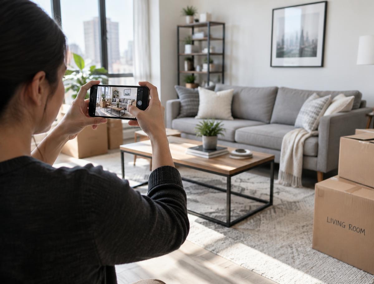 Customer photographing living room furniture for a moving estimate